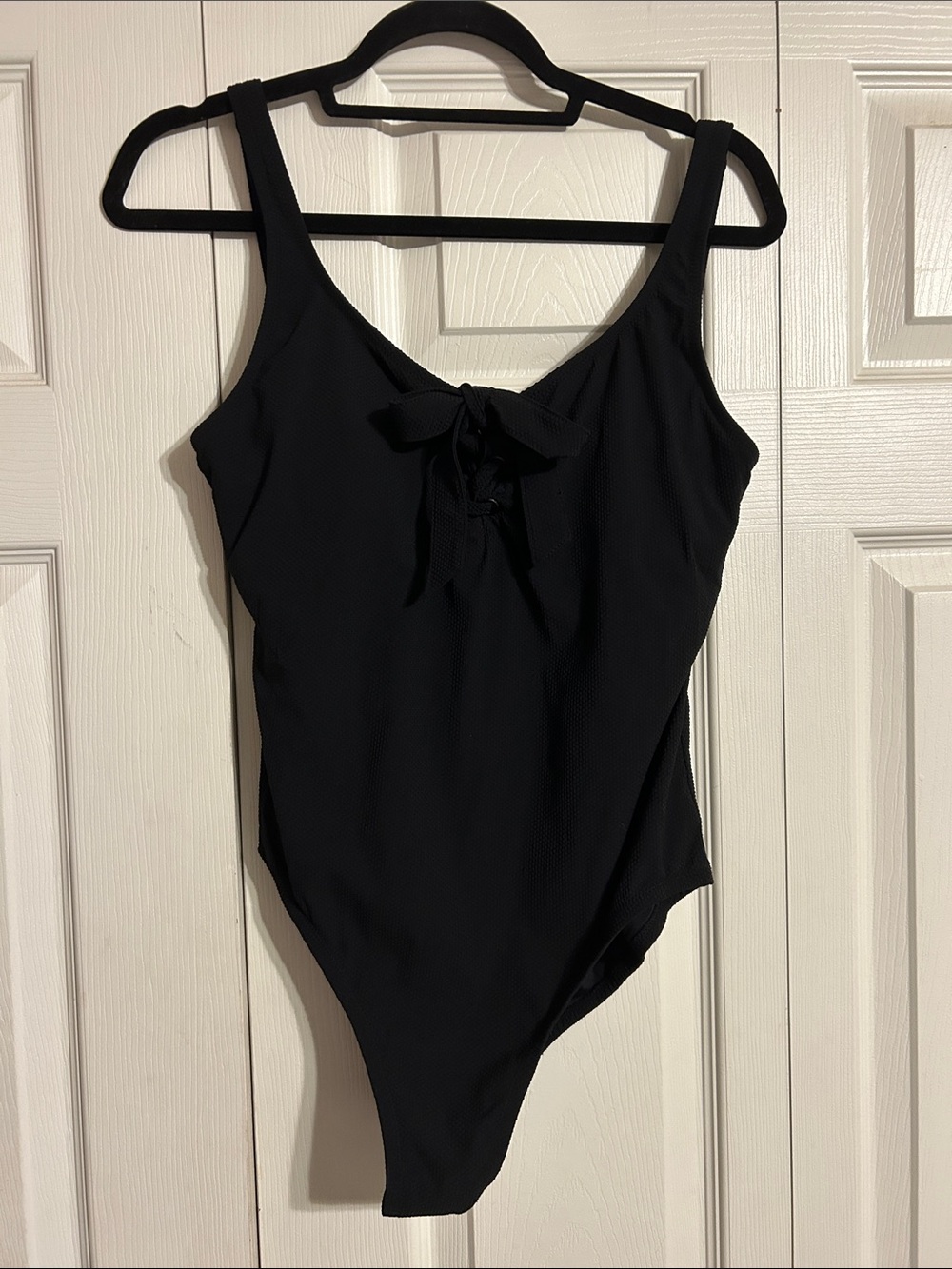 J. CREW Black One-Piece Bathing Suit Lace Up Tie Front Bow Swim Textured Size 10 - Picture 2 of 9